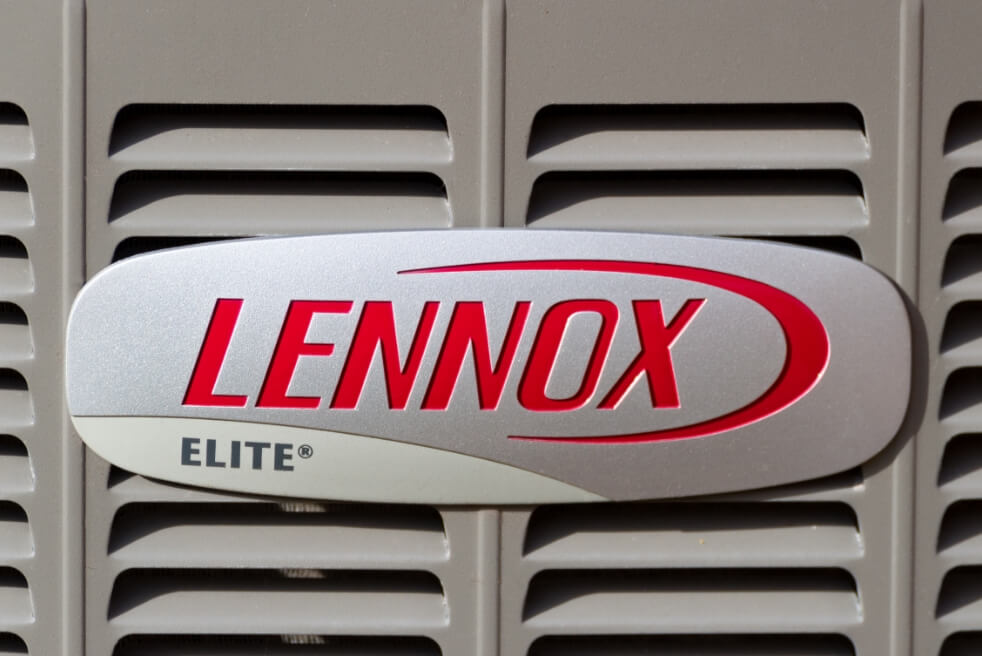 'lennox elite' logo in red on a steel grille