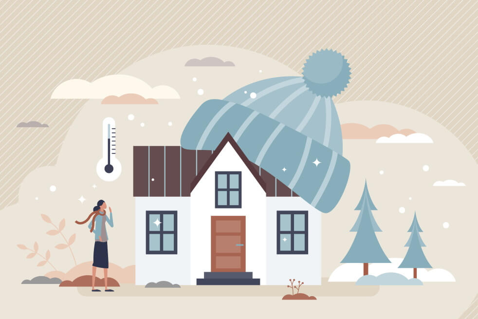 Home heating with temperature warming and insulation tiny person concept. Climate control in winter with radiator thermostats vector illustration. Domestic house and real estate thermal equipment.