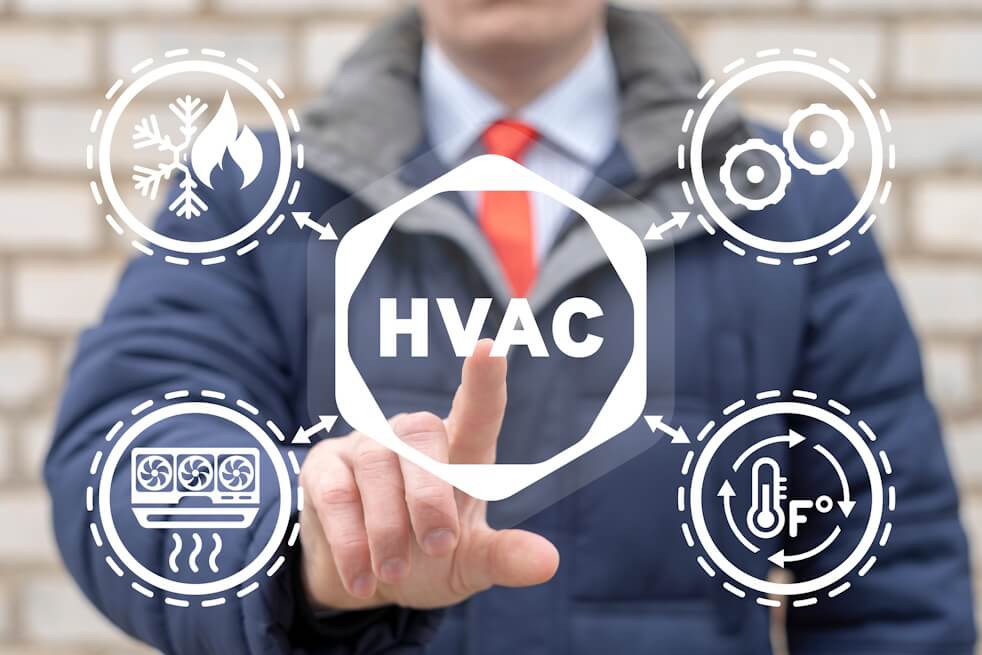 hvac graphic with seasonal symbols and a person in the background