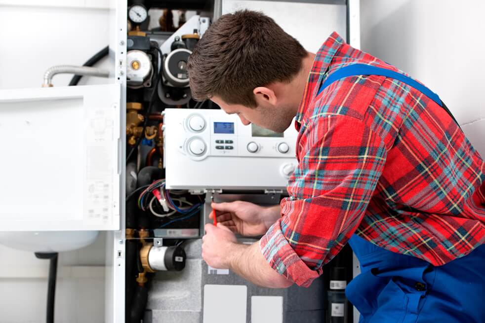 man fixing a heating system